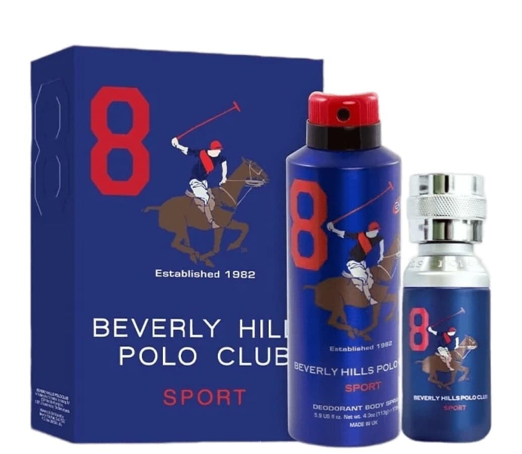 Set regalo Beverly Hills Polo Club: 1982 - Sport 8, Eau de toilette, da uomo, 100 ml + 1982 - Sport 8, antitraspirante, deodorante spray, da uomo, 175