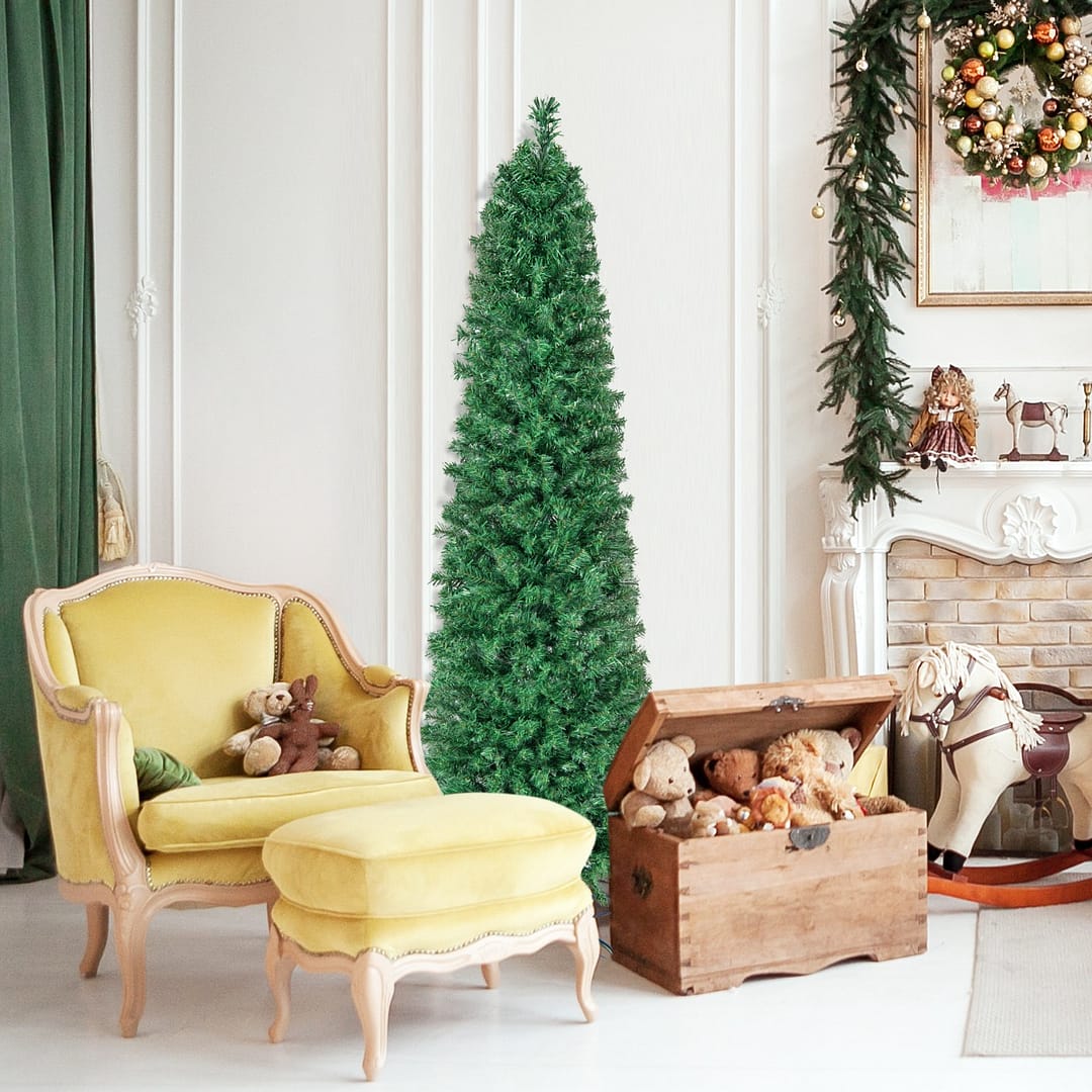 Costway Albero di Natale artificiale con fibra ottica, Albero preluminato a forma di matita con base in metallo da 180cm