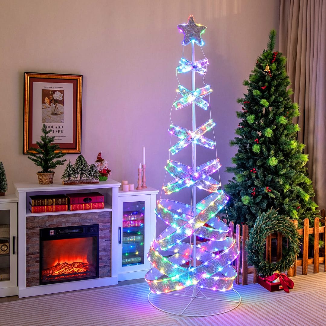 Costway Albero di Natale a spirale artificiale da 210cm, Albero di Natale pre-illuminato  pieghevole con 341 luci a LED
