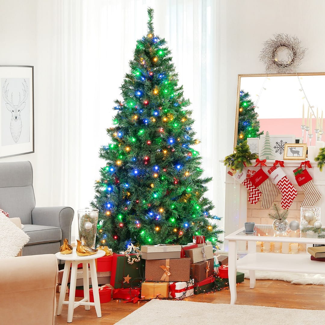 Costway Albero di Natale pre-illuminato con 350 luci LED 1006 rami supporto metallico, Albero di Natale artificiale 213cm