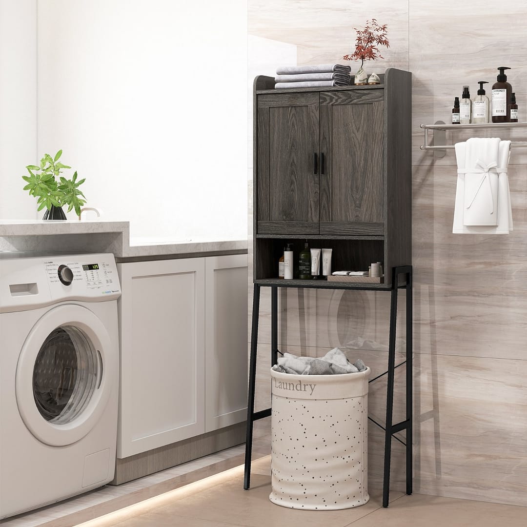 Costway Armadio sopra il water con doppia anta telaio in metallo ripiani regolabili, Mobile salvaspazio Grigio Scuro