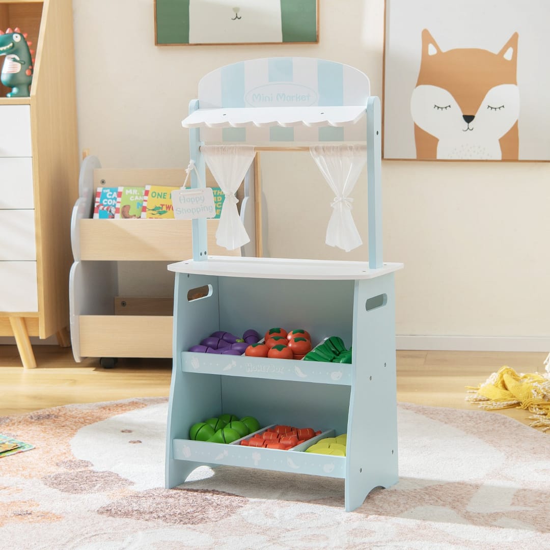 Costway Banchetto per il mercato dei contadini per bambini, Set di negozi di alimentari con frutta verdura da tagliare Blu