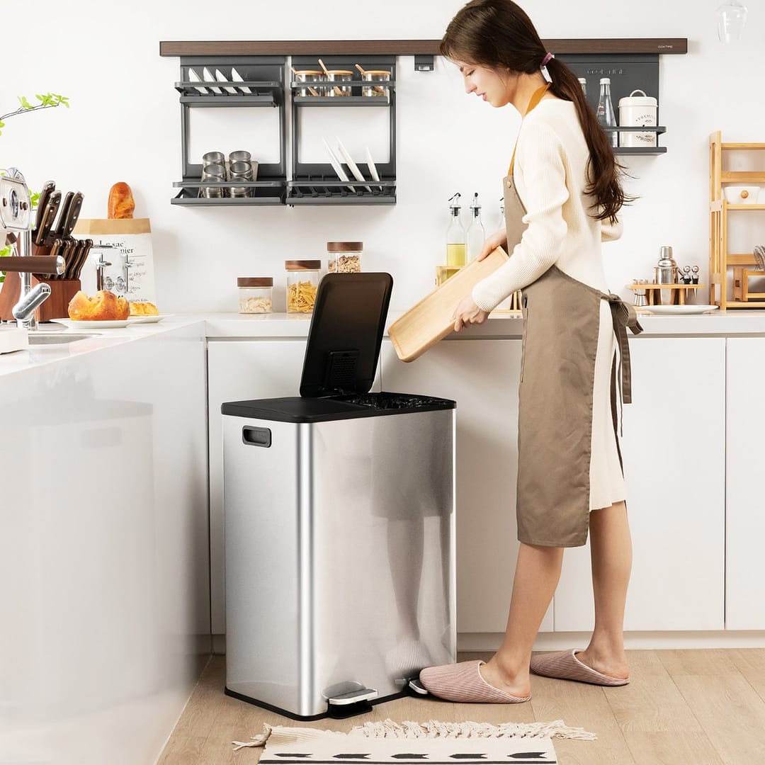 Costway Bidone per la raccolta differenziata con 2 scomparti da 30 L, Bidone con coperchi a chiusura ammortizzata Argento