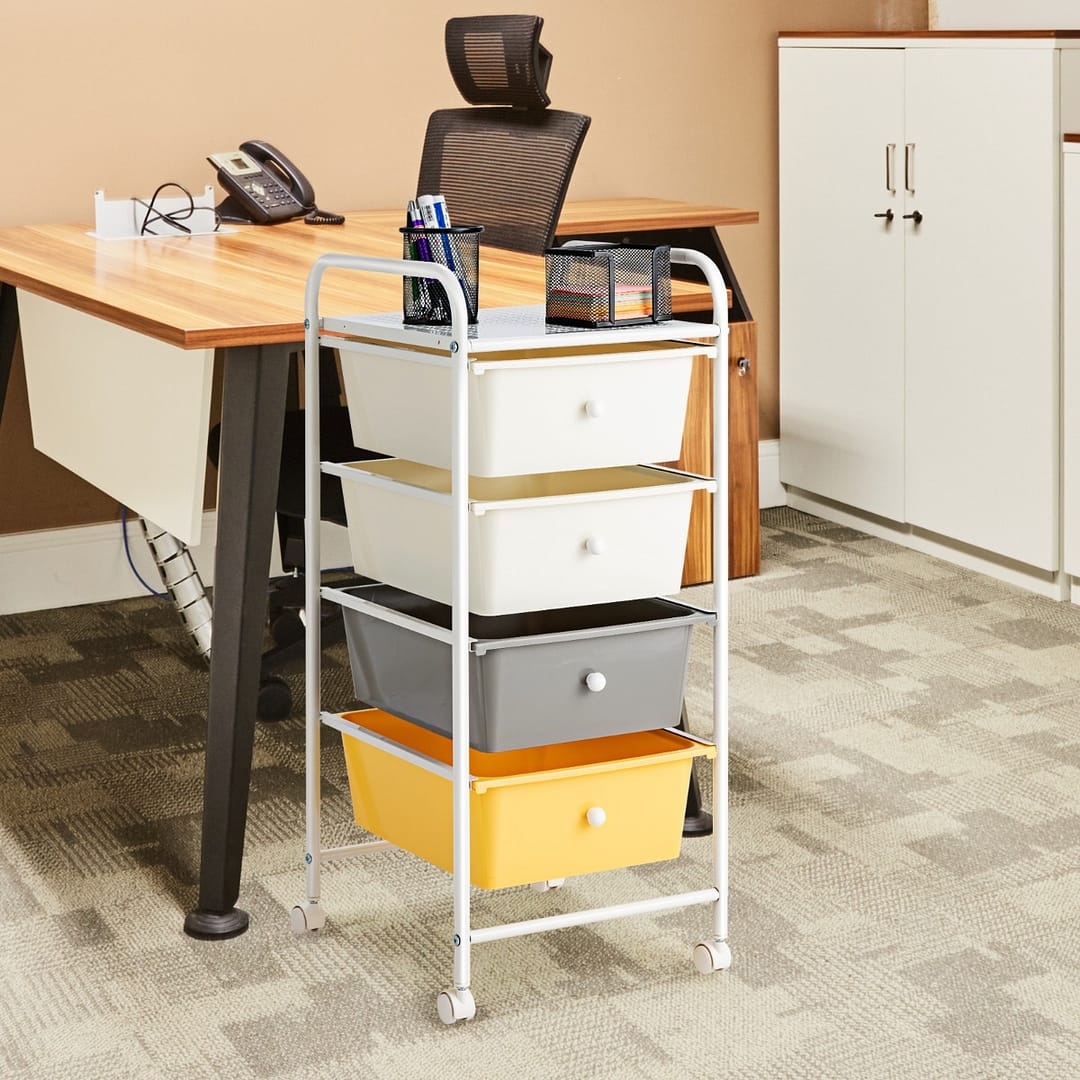 Costway Carrello portaoggetti con 4 cassetti rimovibili e telaio in metallo, Carrello di stoccaggio per ufficio Giallo