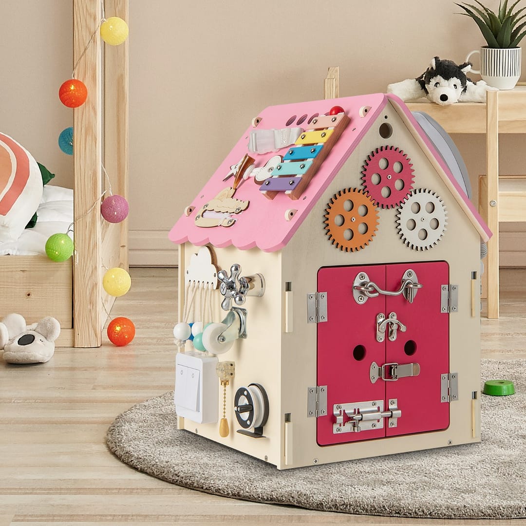 Costway Casa giocattolo in legno degli ingranaggi, Montessori con giochi sensoriali e spazio interno per bambini Rosa