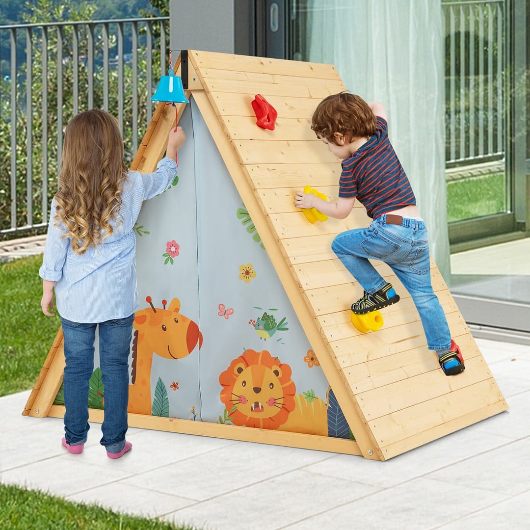 Costway Casetta per bambini a triangolo con pareti per arrampicarsi, Set di gioco in legno per nascondiglio 2 in 1