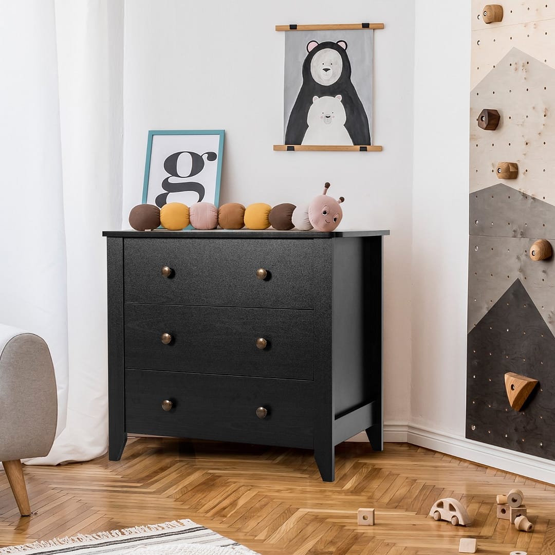 Costway Cassettiera in legno con 3 cassetti e struttura stabile, Comò per soggiorno ingresso 71x46x66cm Nero