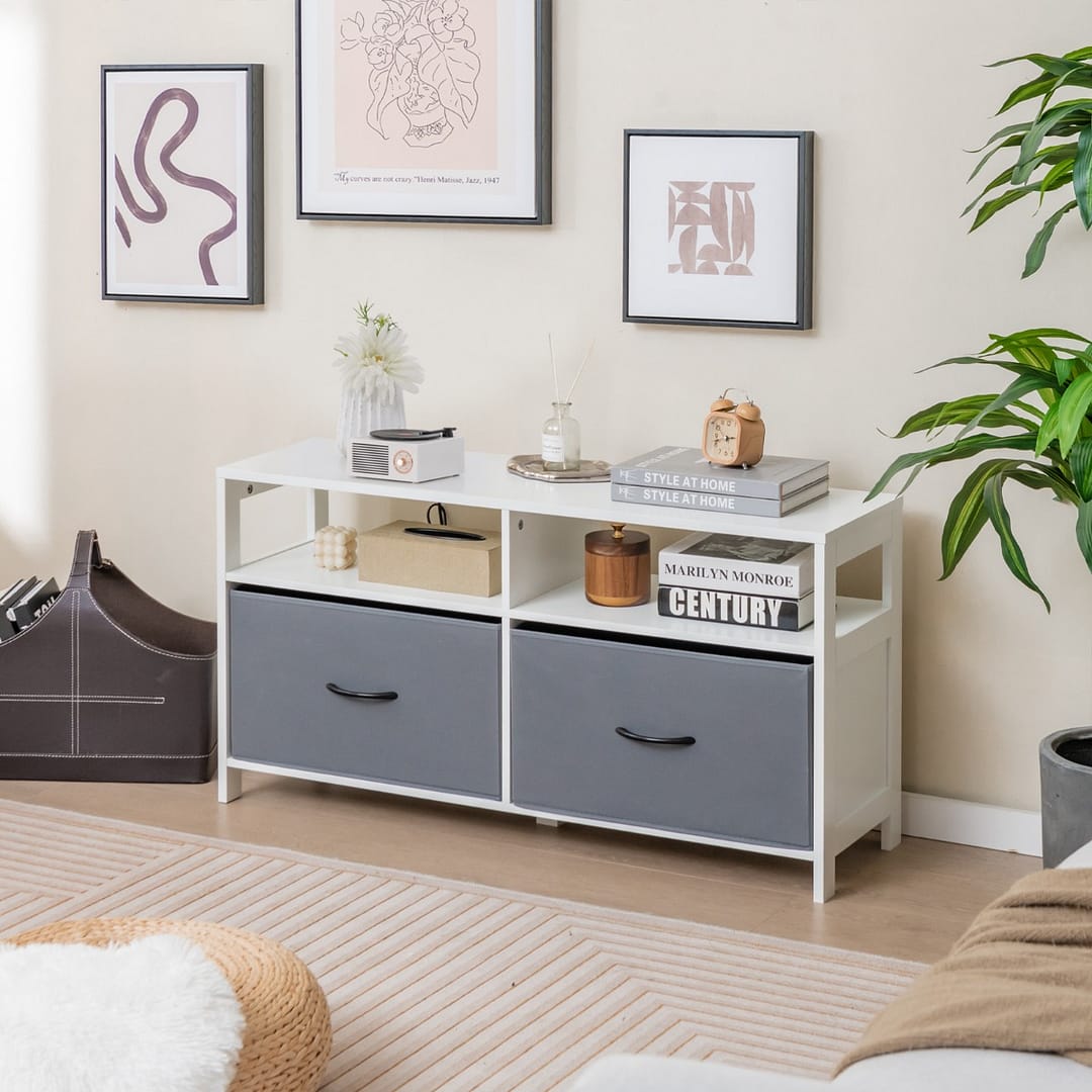 Costway Cassettiera in tessuto con 2 cassetti e 2 ripiani aperti, Unità organizzatrice di stoccaggio per la casa Bianco