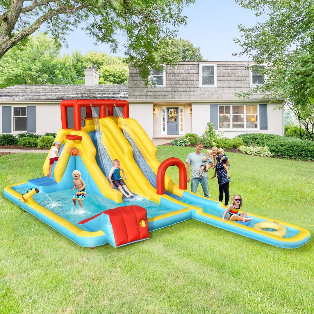 Costway Castello gonfiabile per bambini con 2 scivoli cannone ad acqua parete di arrampicata, Parco giochi acquatico