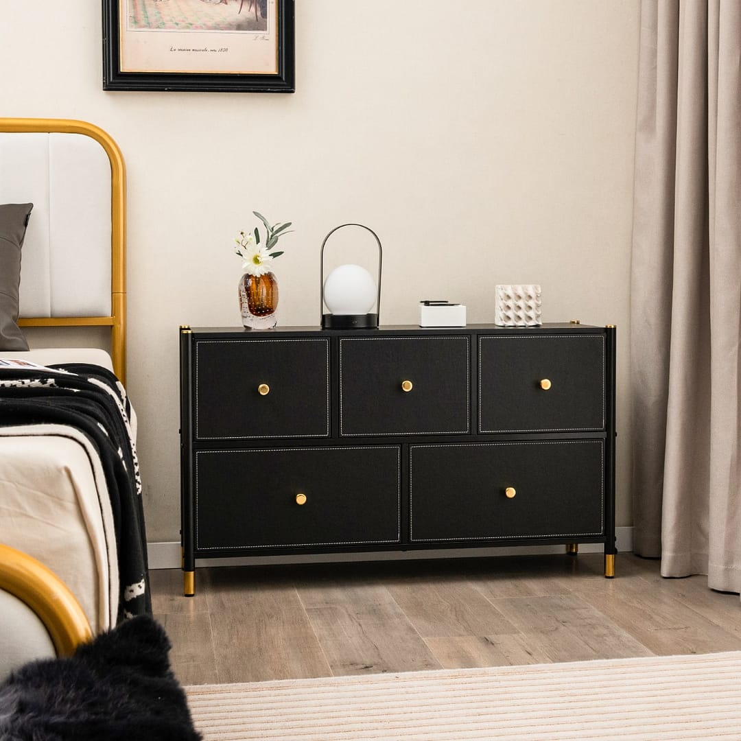 Costway Comò per camera da letto con struttura metallica e cassettone, Unità organizzatore da terra con cesti Nero 100x30x58,5cm
