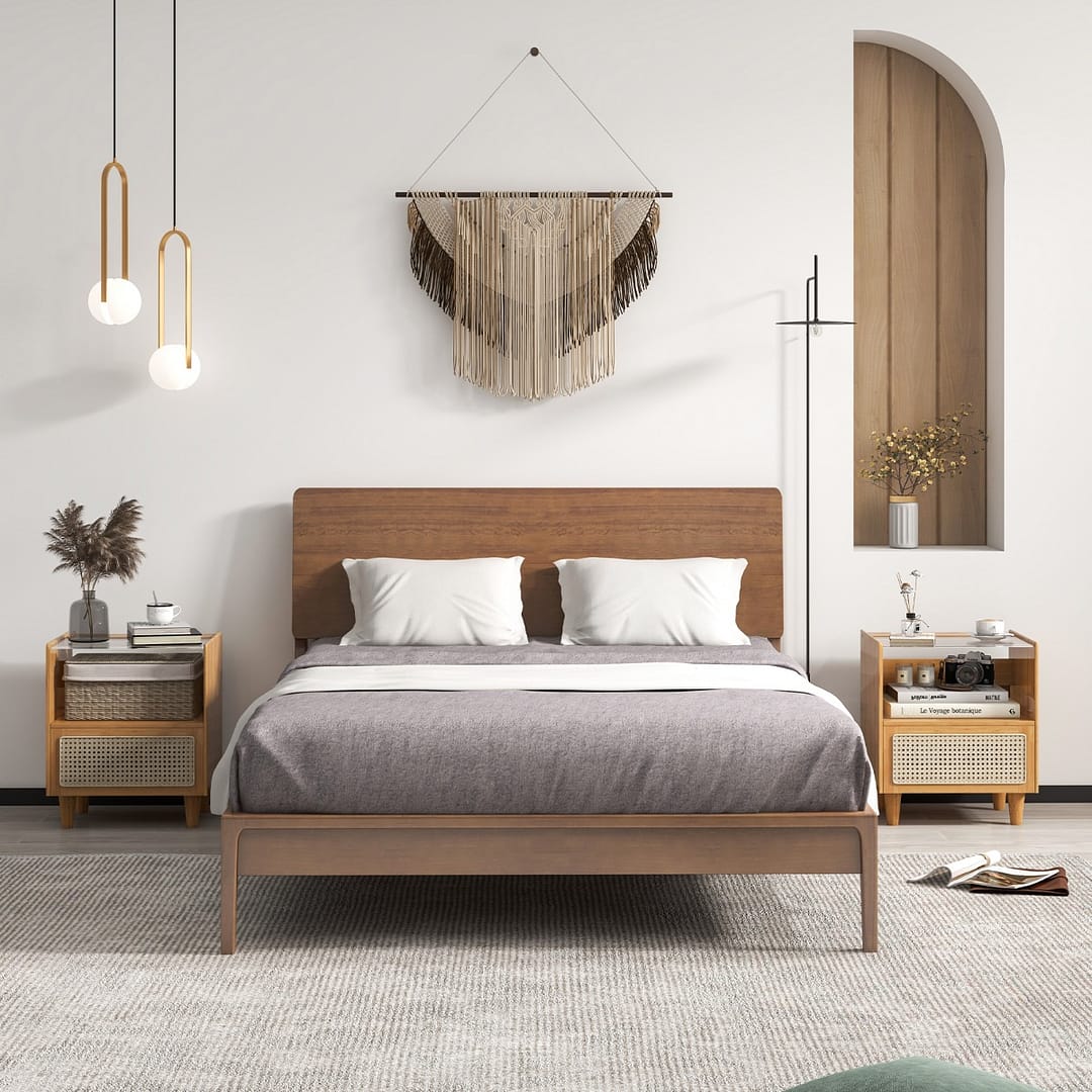 Costway Comodino in bambù e rattan con cassetto e gambe in legno massello, Tavolino da salotto boho 43x35x50cm Naturale 2 Pezzi