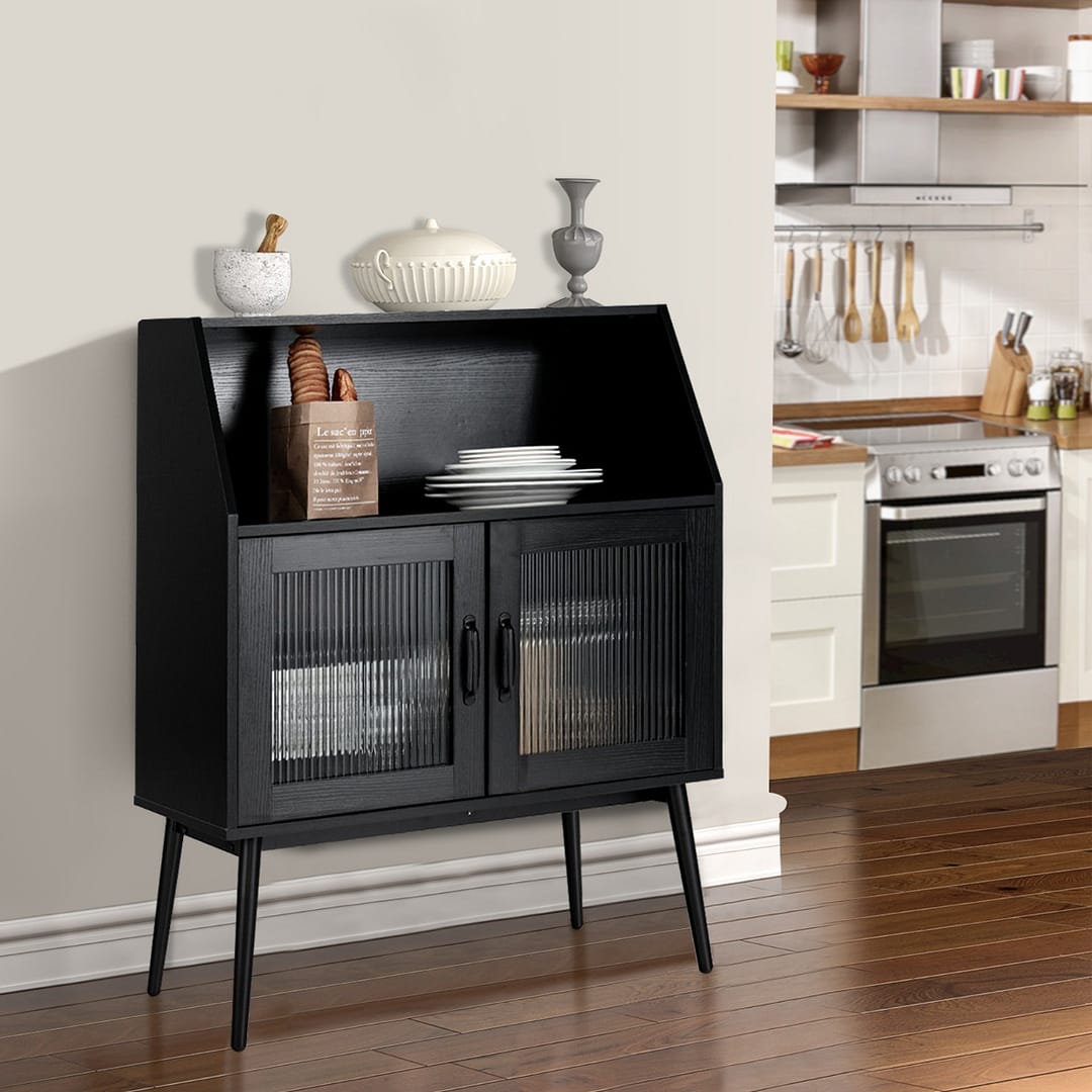 Costway Credenza vintage con scomparto aperto sportelli in vetro temprato, Armadio laterale per soggiorno cucina Nero