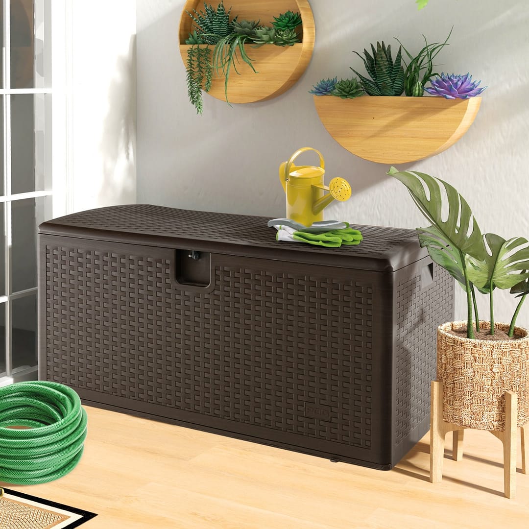 Costway Contenitore da giardino con coperchio chiudibile, Cassapanca di grande capacità per cuscini Marrone 127x67x65cm