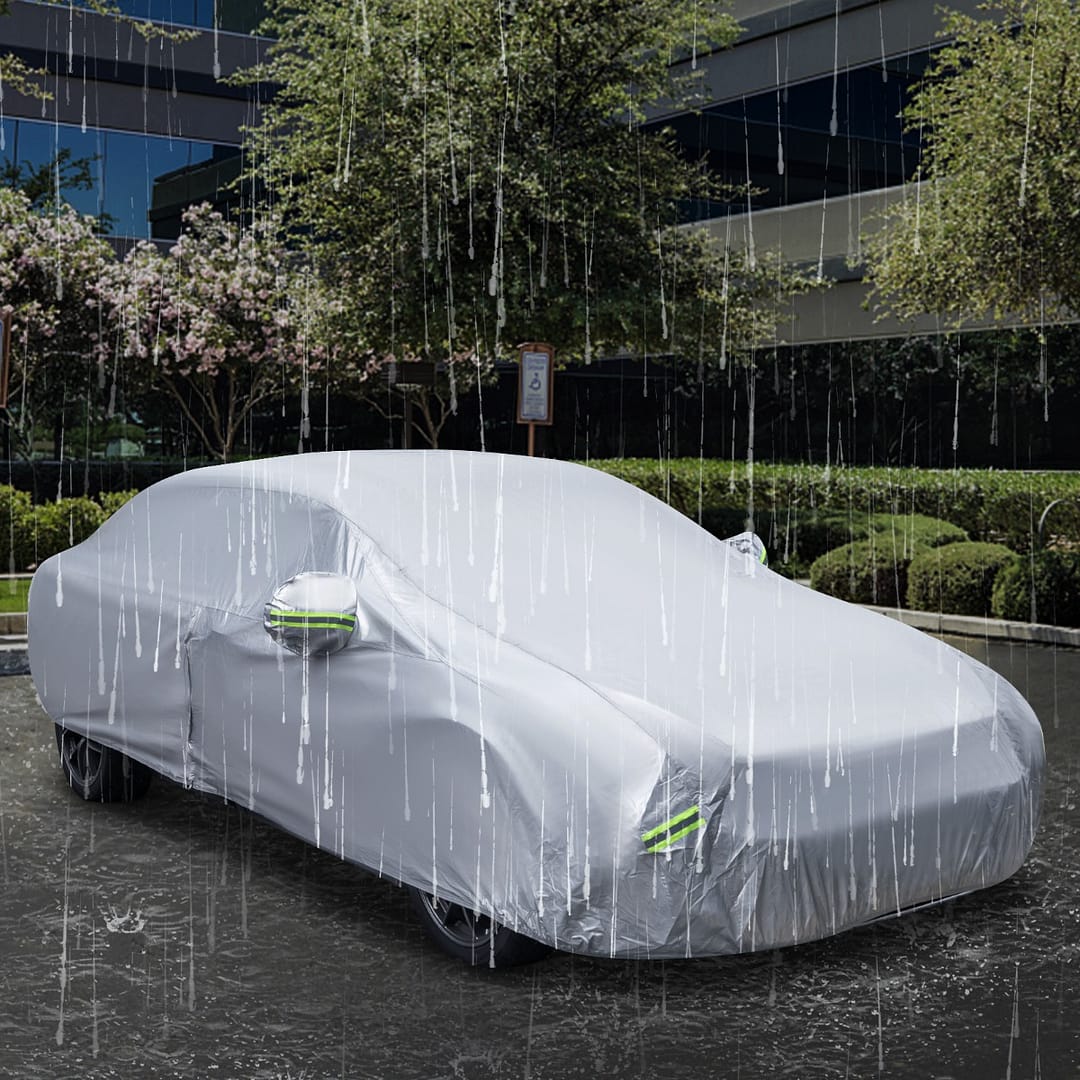 Costway Copertura auto antipioggia con serratura strisce riflettenti borsa, Telo auto da esterno per UV pioggia neve 479x173cm