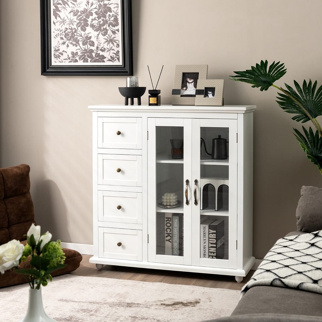 Costway Credenza da cucina con 2 ante in vetro temperato 4 cassetti mensola regolabile, Mobile moderno da cucina Bianco