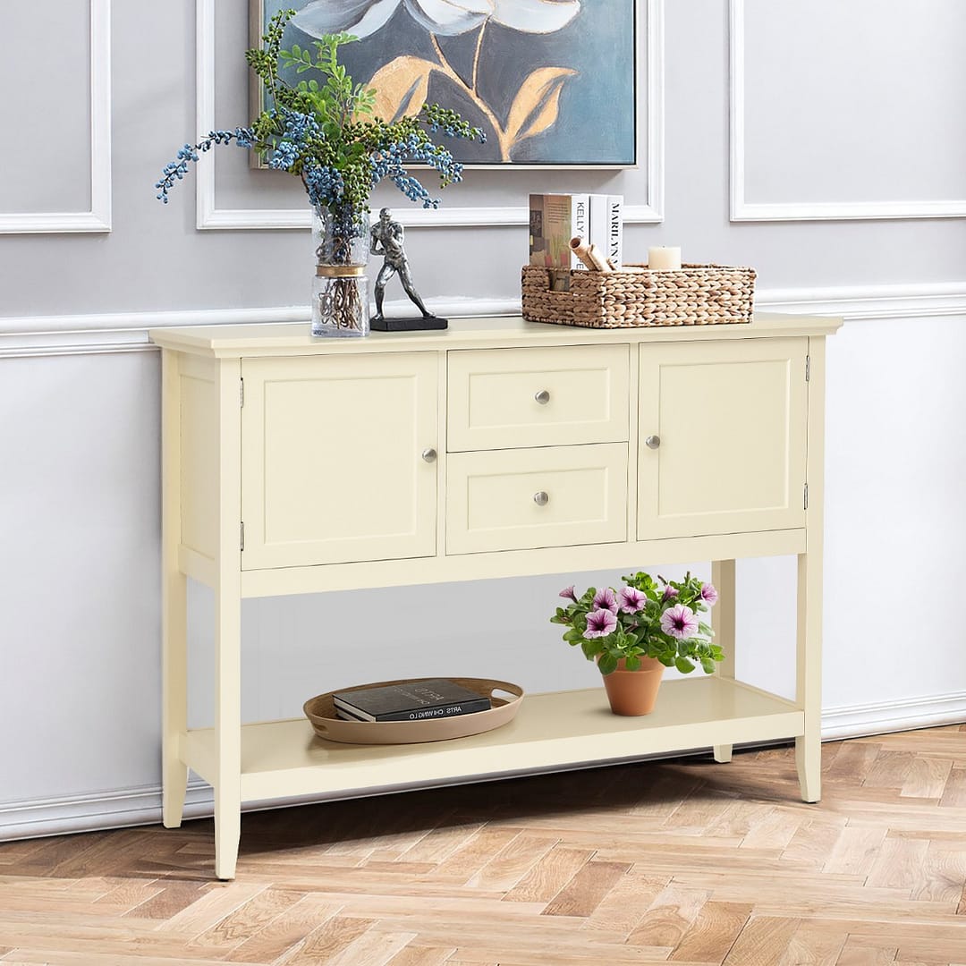 Costway Credenza di legno con 2 cassetti e 2 armadietti, Tavolo da parete per salone ingresso e ufficio Beige