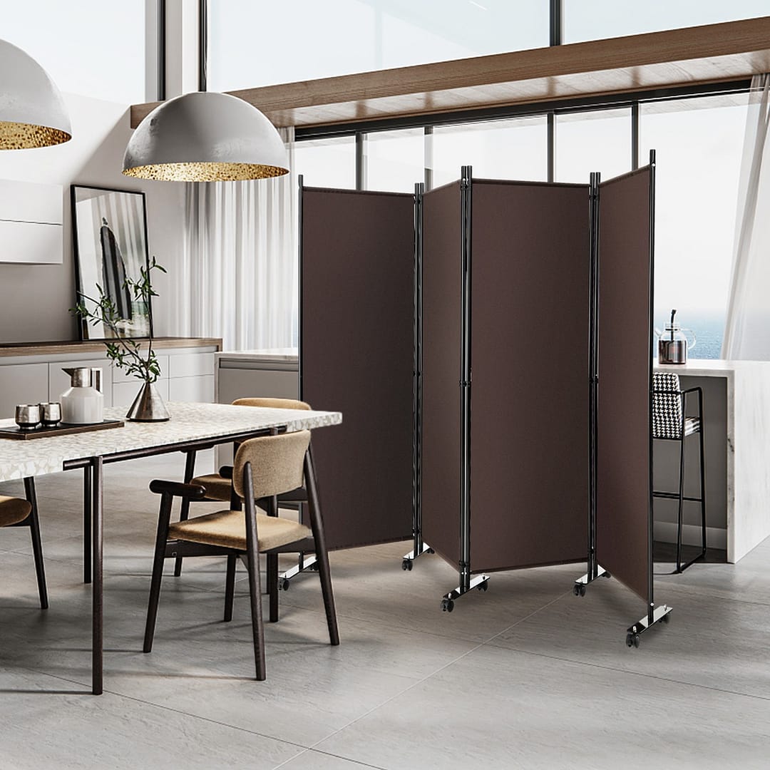 Costway Divisorio con 4 pannelli su ruote, Paravento portatile in tessuto per casa ufficio soggiorno Marrone