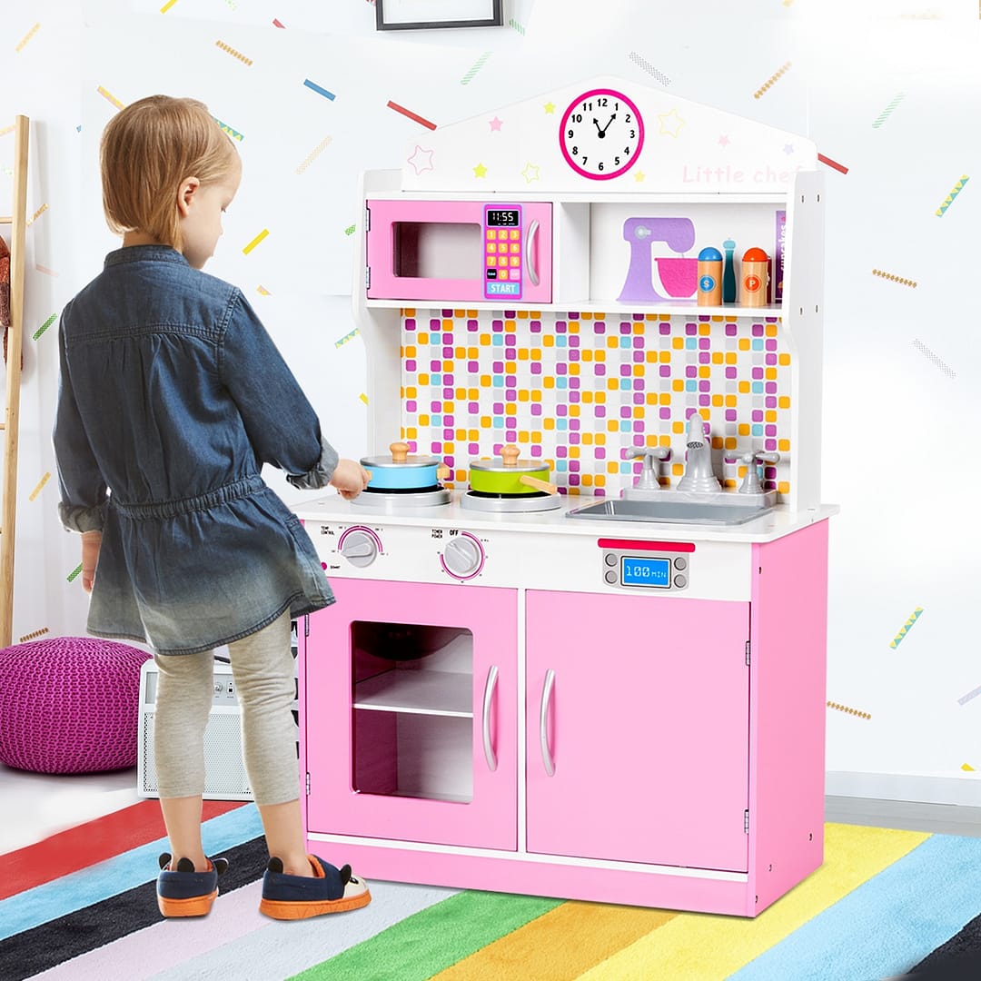 Costway Cucina giocattolo per bambini in legno, Cucina finta per bimbi 60x30x94cm, Rosa