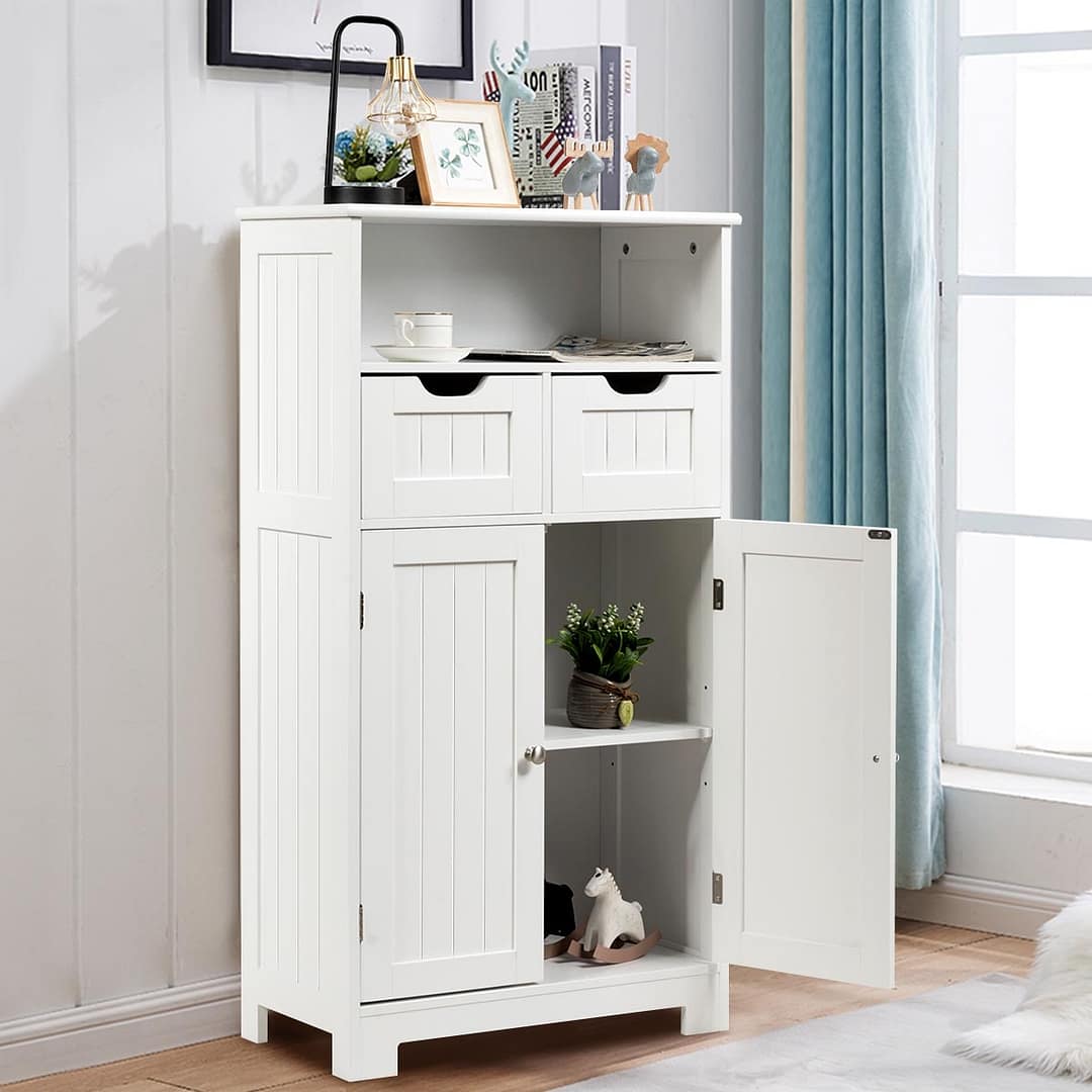 Costway Armadio del bagno con una mensola aperta, Credenza per cucina con 2 ante e 2 cassetti Bianco
