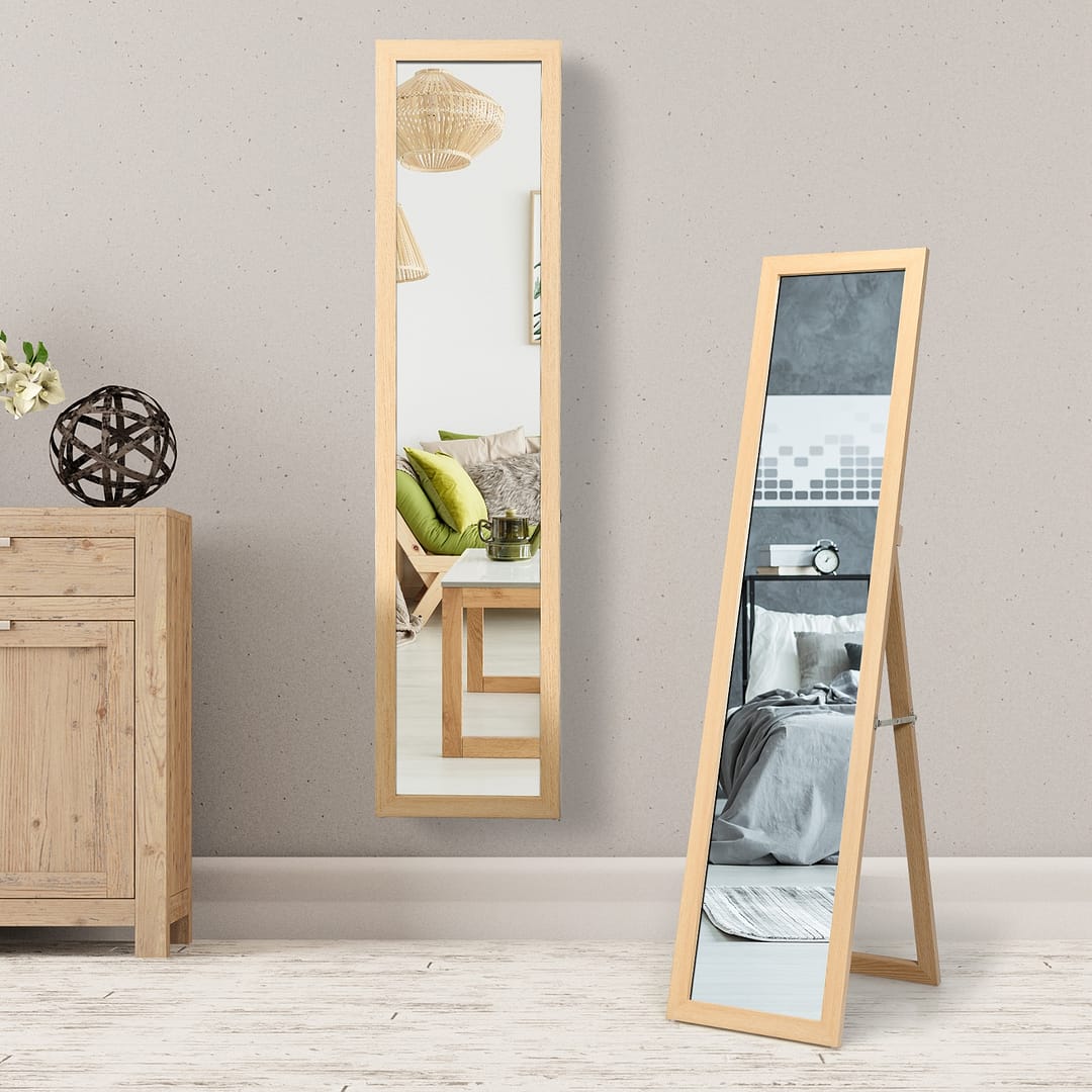 Costway Specchio a figura intera 155 x 37 cm con struttura di legno, Specchio moderno per camera da letto salone ingresso Naturale