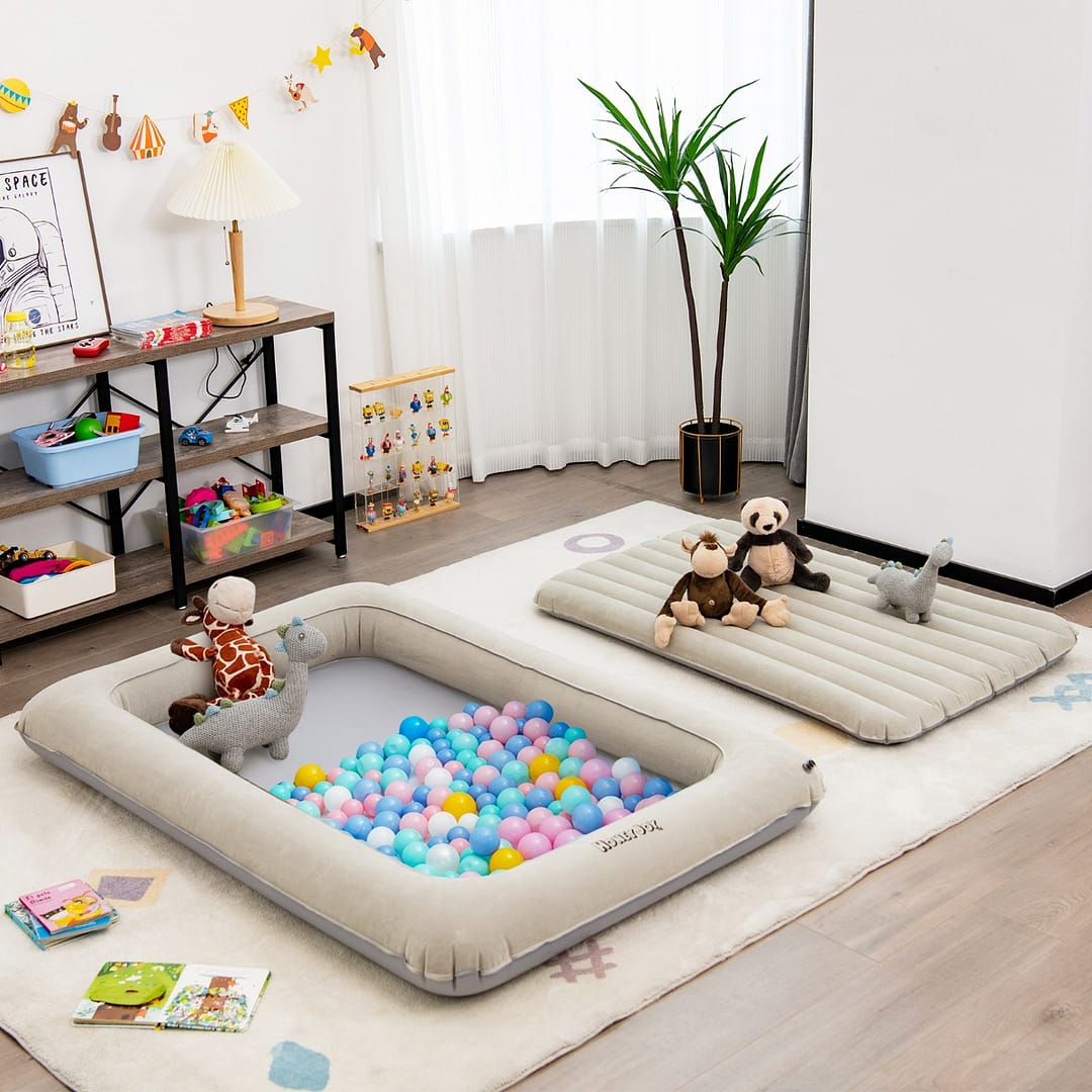 Costway Lettino gonfiabile da viaggio per bambini con design 2 in 1, Set materasso ad aria con pompa elettrica Grigio