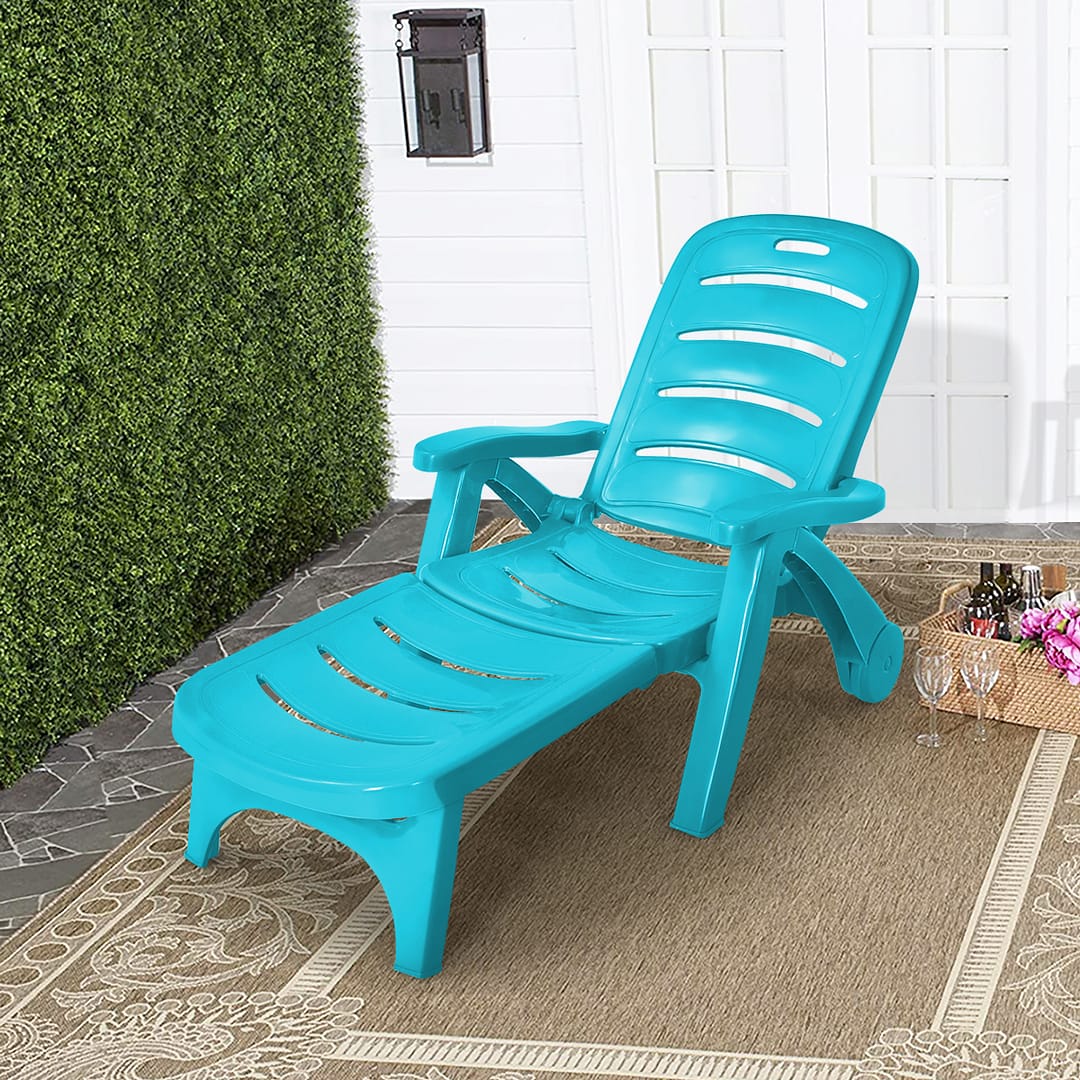 Costway Lettino prendisole reclinabile in 5 posizioni con ruote, Sedia a sdraio pieghevole regolabile da giardino Azzurro