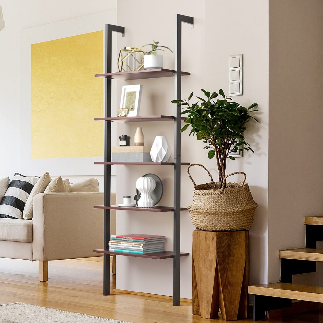 Costway Libreria a 5 piani a parete in metallo da soggiorno, Scala porta oggetti bagno 183x30x61cm Marrone