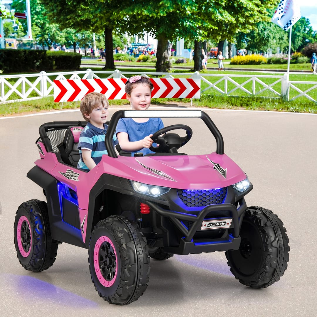 Costway Macchina SUV giocattolo a 2 posti con accessori luci suoni, Quod elettrico giocattolo 118x74x71cm Rosa