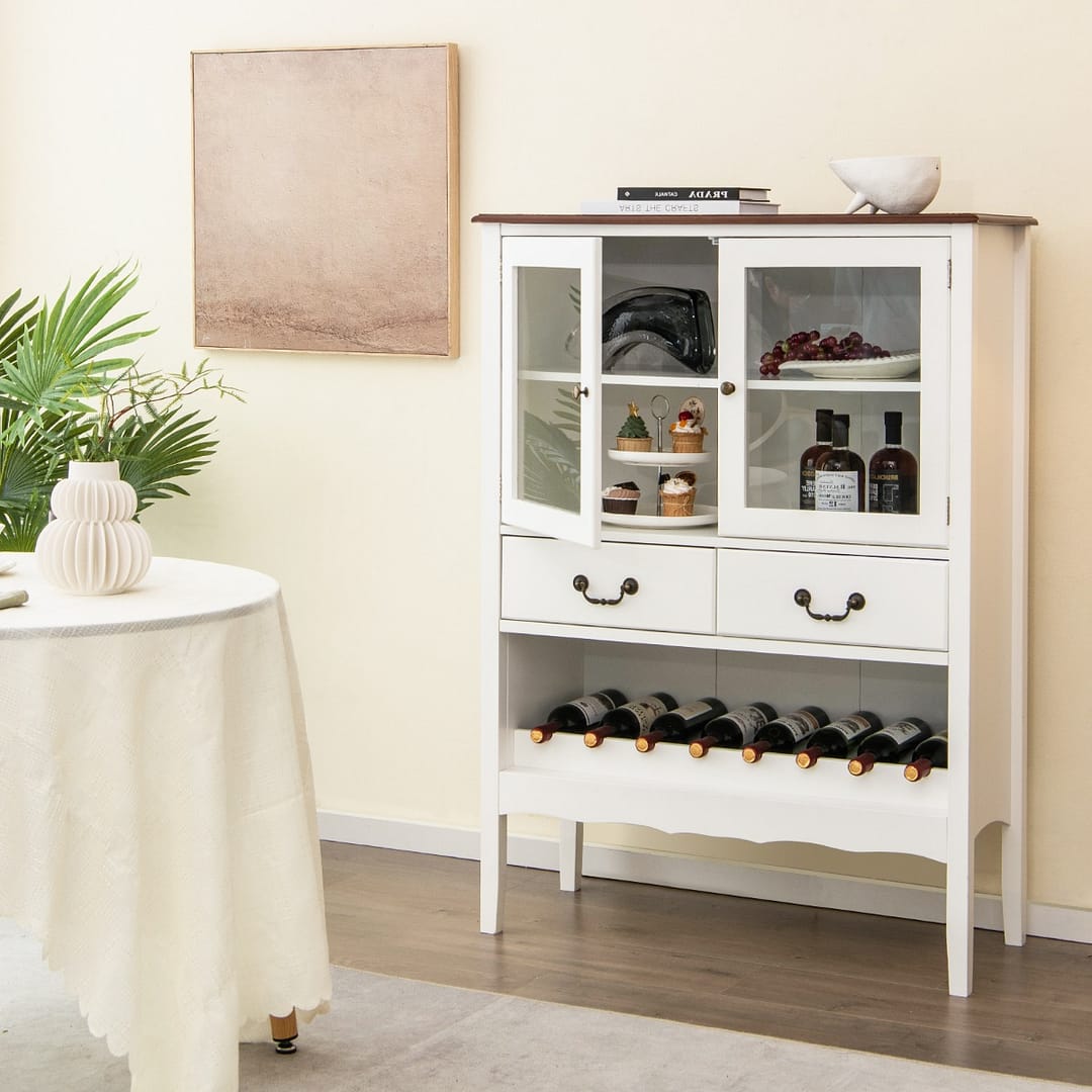 Costway Mobile contenitore indipendente con 2 porte in vetro 2 cassetti, Stazione bar ad angolo per sala da pranzo Bianco