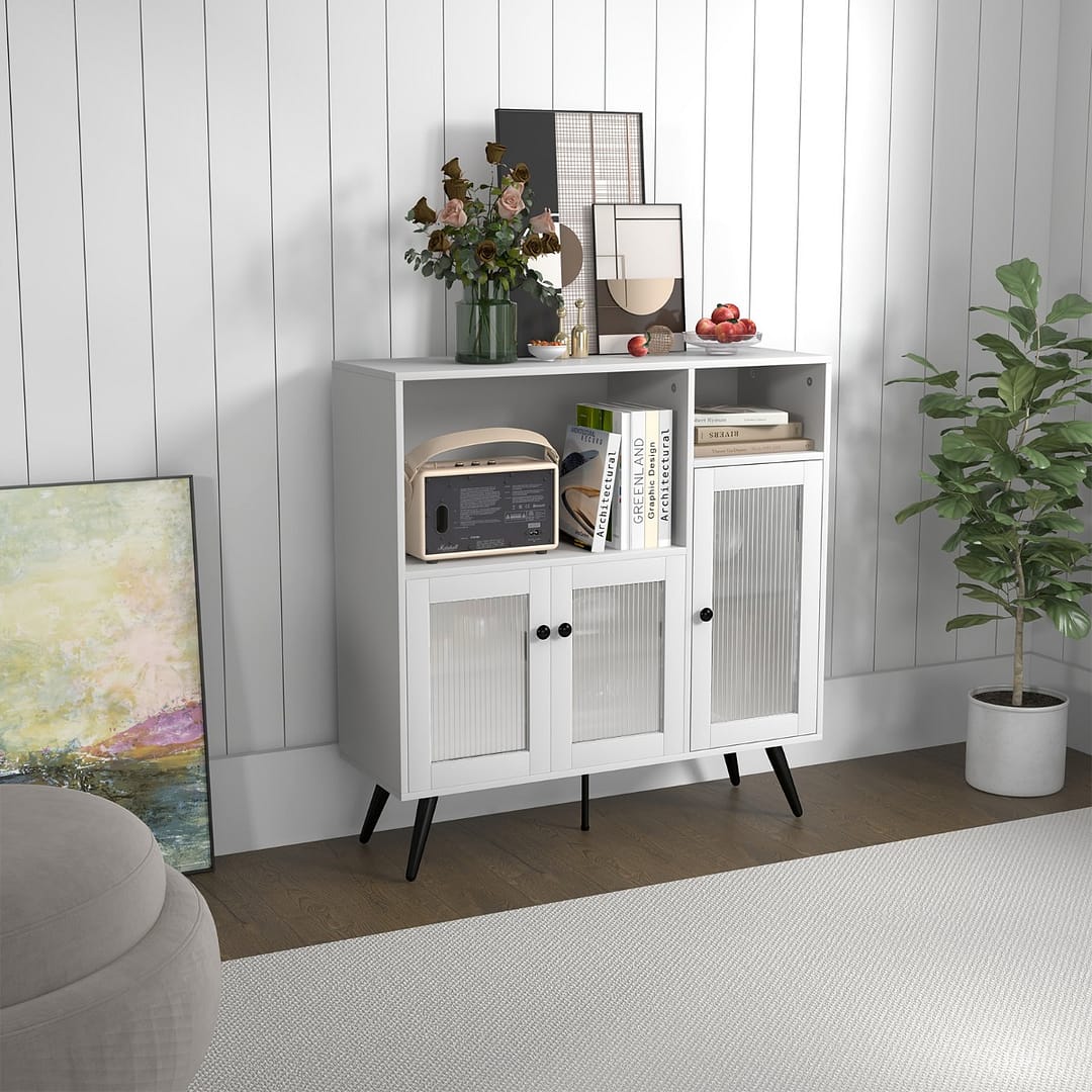 Costway Mobile industriale con ante dispositivo antiribaltamento ripiani regolabili, Credenza per salone studio Bianco