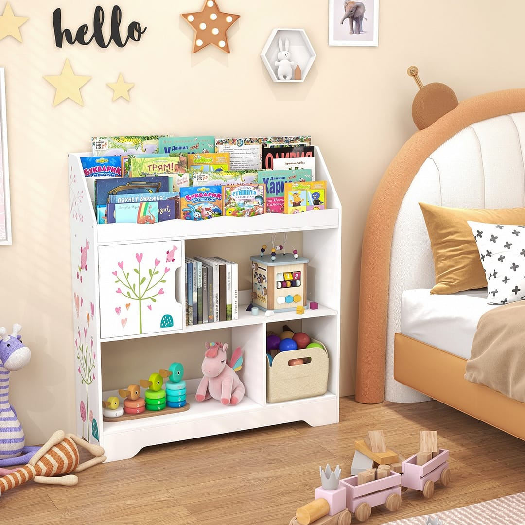Costway Mobile portagiochi per bambini con libreriaporta giocattoli e scomparti, Scaffale 3-in-1 per giocattoli Bianco