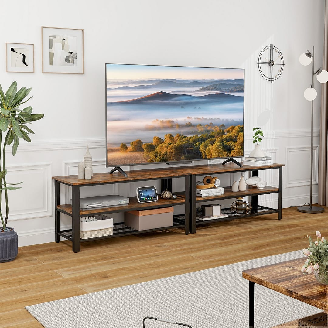 Costway Mobile tv industriale con 2 ripiani aperti e struttura metallica, Tavolino per tv per soggiorno Marrone rustico