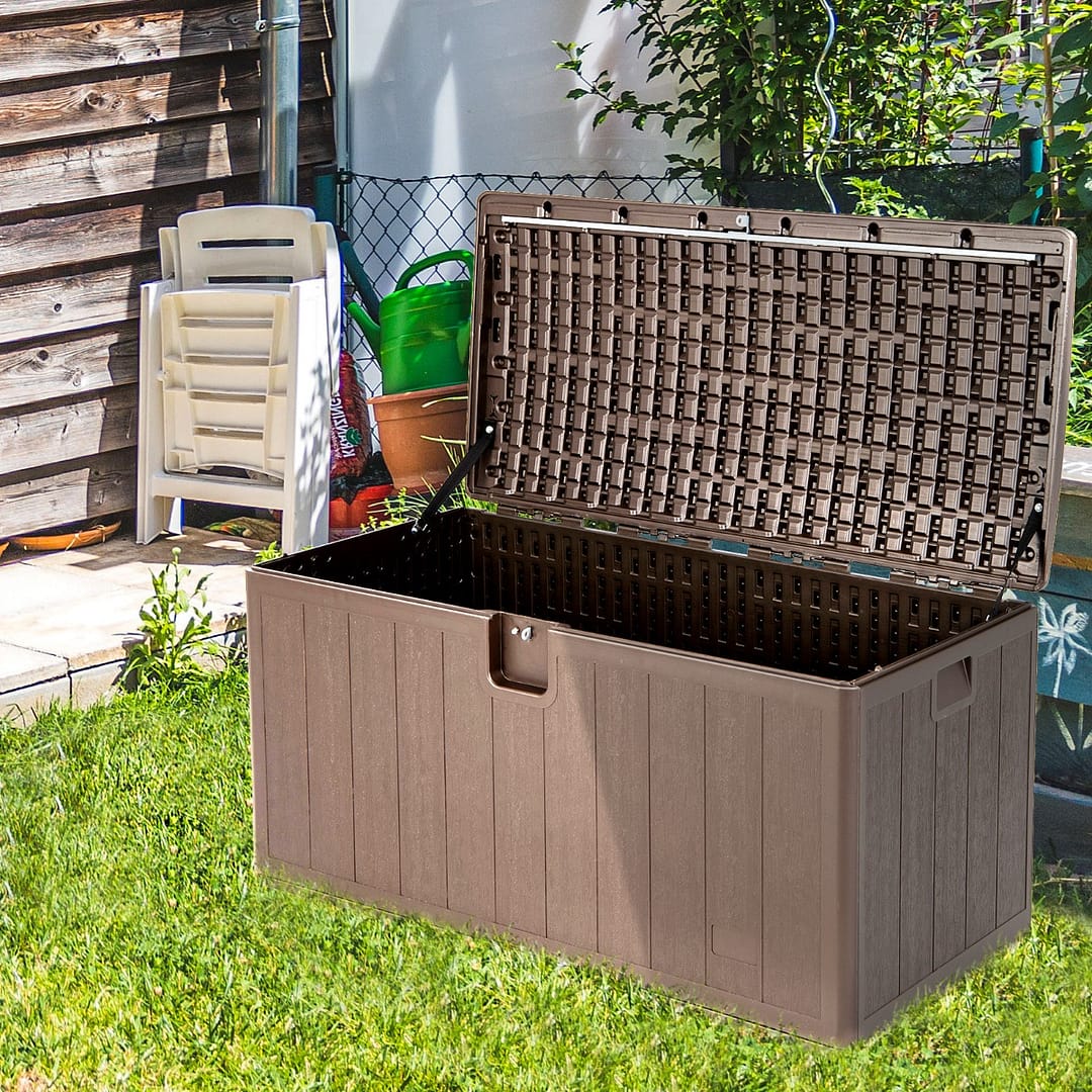 Costway Grande contenitore a prova di sole 400L con serratura per interni ed esterni, Organizzazione della casa Marrone