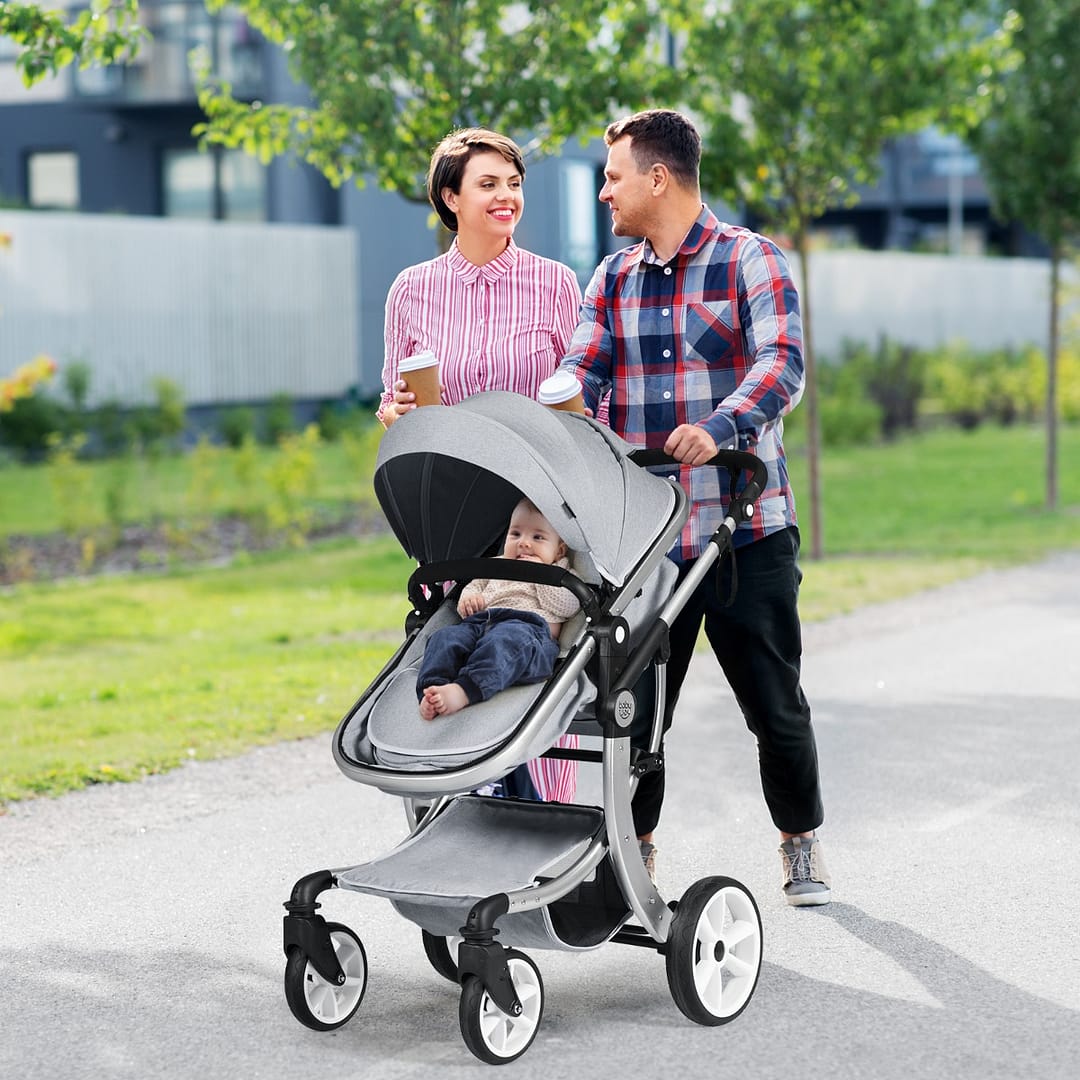 Costway Passeggino per neonati ad alta posizione, Carrozzina reclinabile reversibile pieghevole con copertura regolabile Grigio