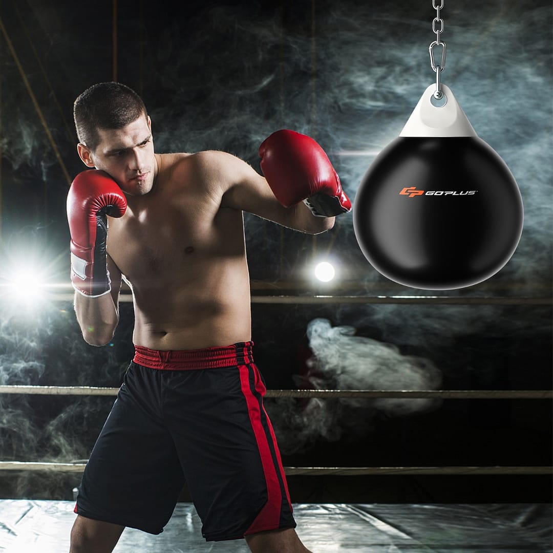 Costway Sacco da boxe ad acqua con tubo di riempimento d'acqua catena in metallo, Sacco per allenamento di jab Nero Dia. 45cm