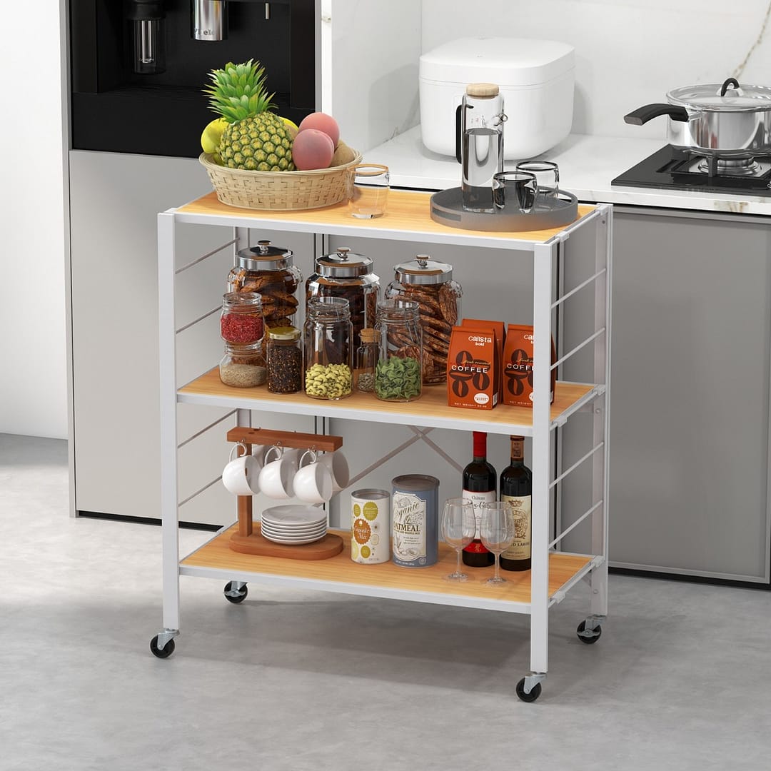 Costway Scaffalature pieghevole a 3 livelli con ruote staccabili ripiani regolabili, Scaffali in metallo portatile Naturale