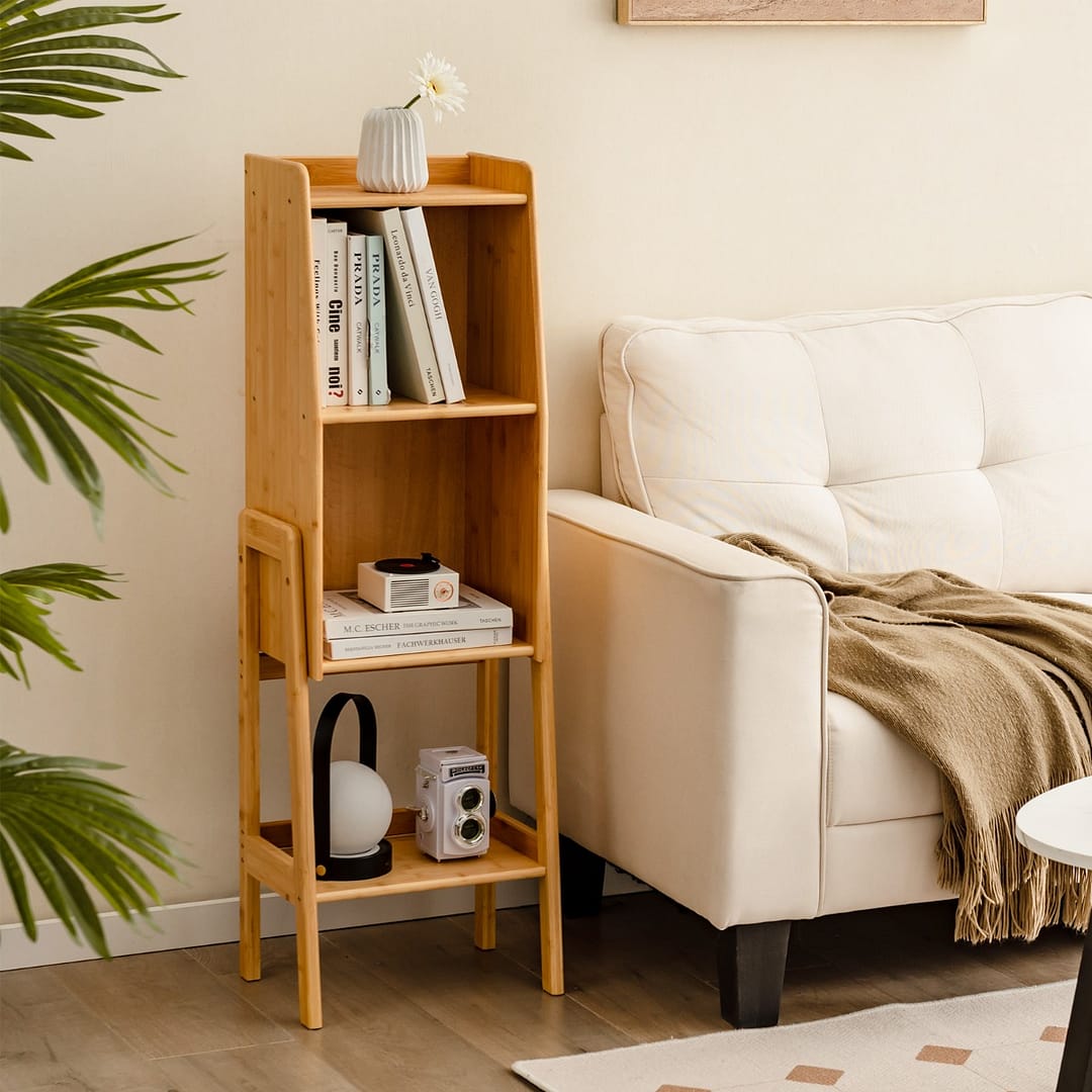 Costway Scaffale in bambù con gambe e design di bordo rialzato, Scaffale moderno per piccoli spazi Naturale 37x27x113cm