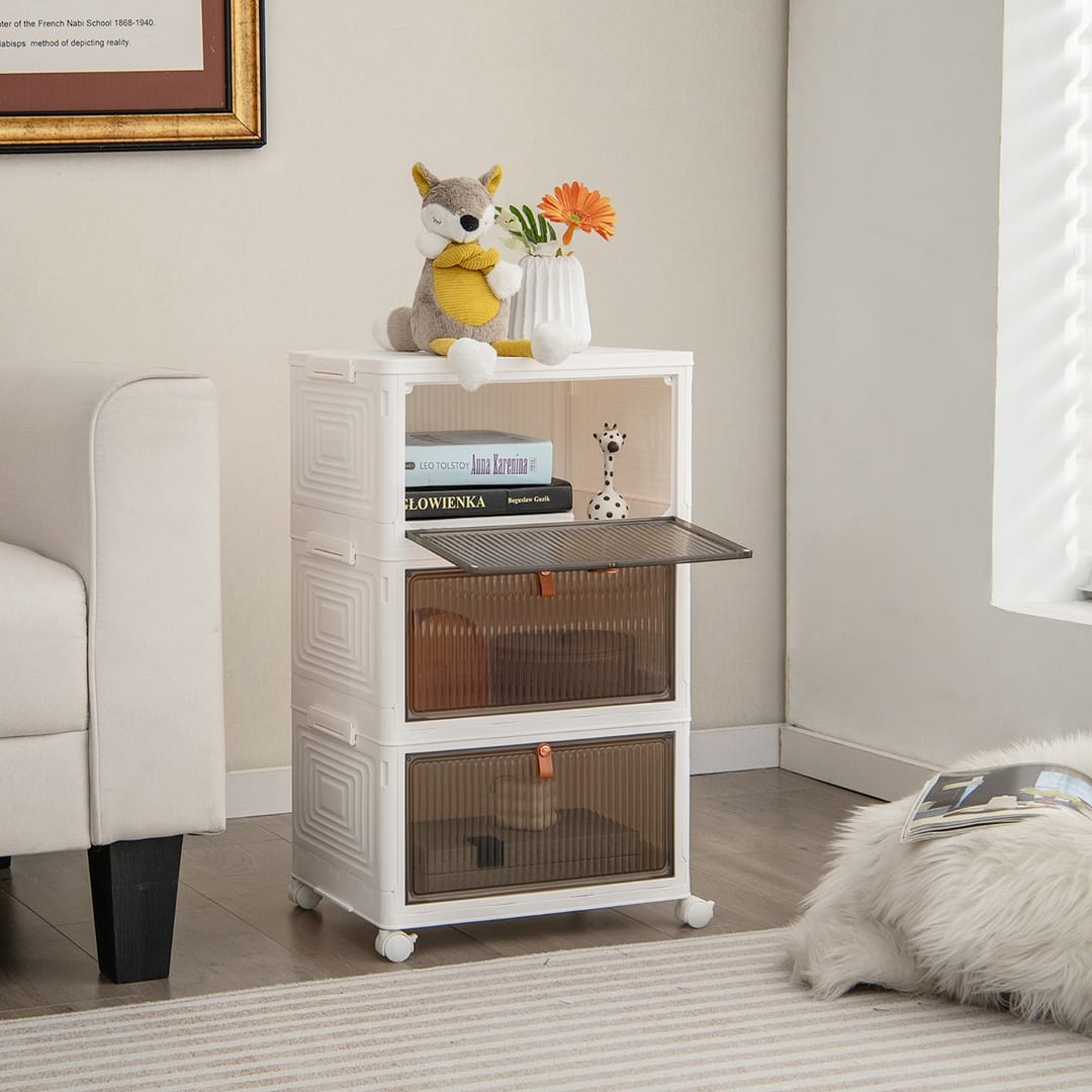 Costway Scarpiera pieghevole a 3 piani con porte magnetiche ruote bloccabili, Mobile scarpe impilabile Bianco 40x27,5x64cm