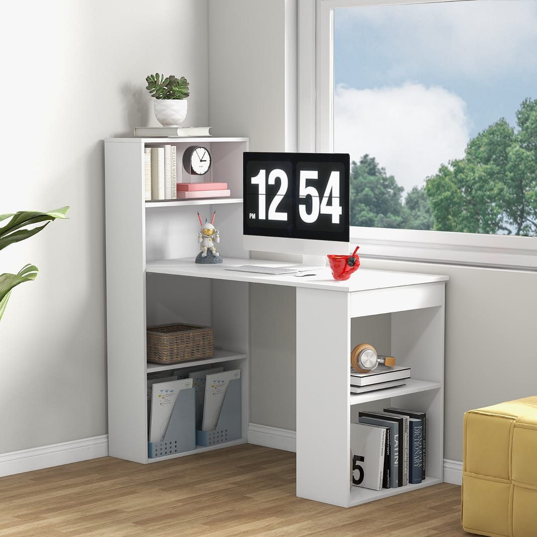 Costway Scrivania per computer da 122cm con libreria, Postazione di studio moderna compatta con 6 ripiani Bianco