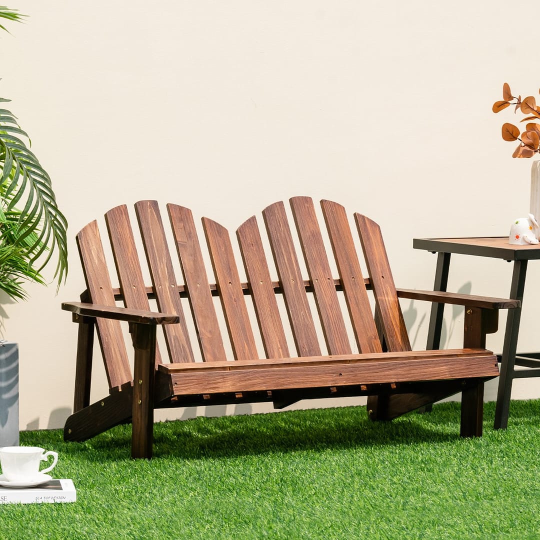 Costway Sedia adirondack per 2 bambini in legno di abete con schienale alto portata 100kg, Panchina da giardino Caffè