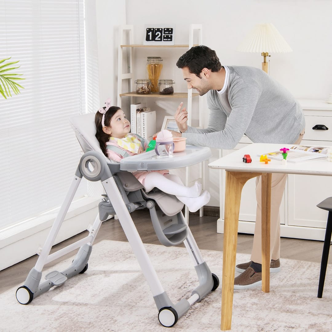 Costway Seggiolone per bambini con 4 ruote freno a un pulsante vassoio rimovibile, Seggiolone pieghevole Grigio