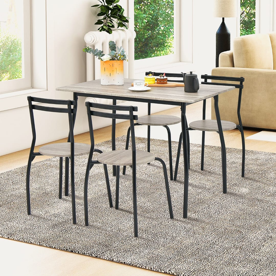 Costway Set da tavolo da pranzo 5 pezzi per 4 persone, Tavolo rettangolare e 4 sedie con telaio in metallo Naturale