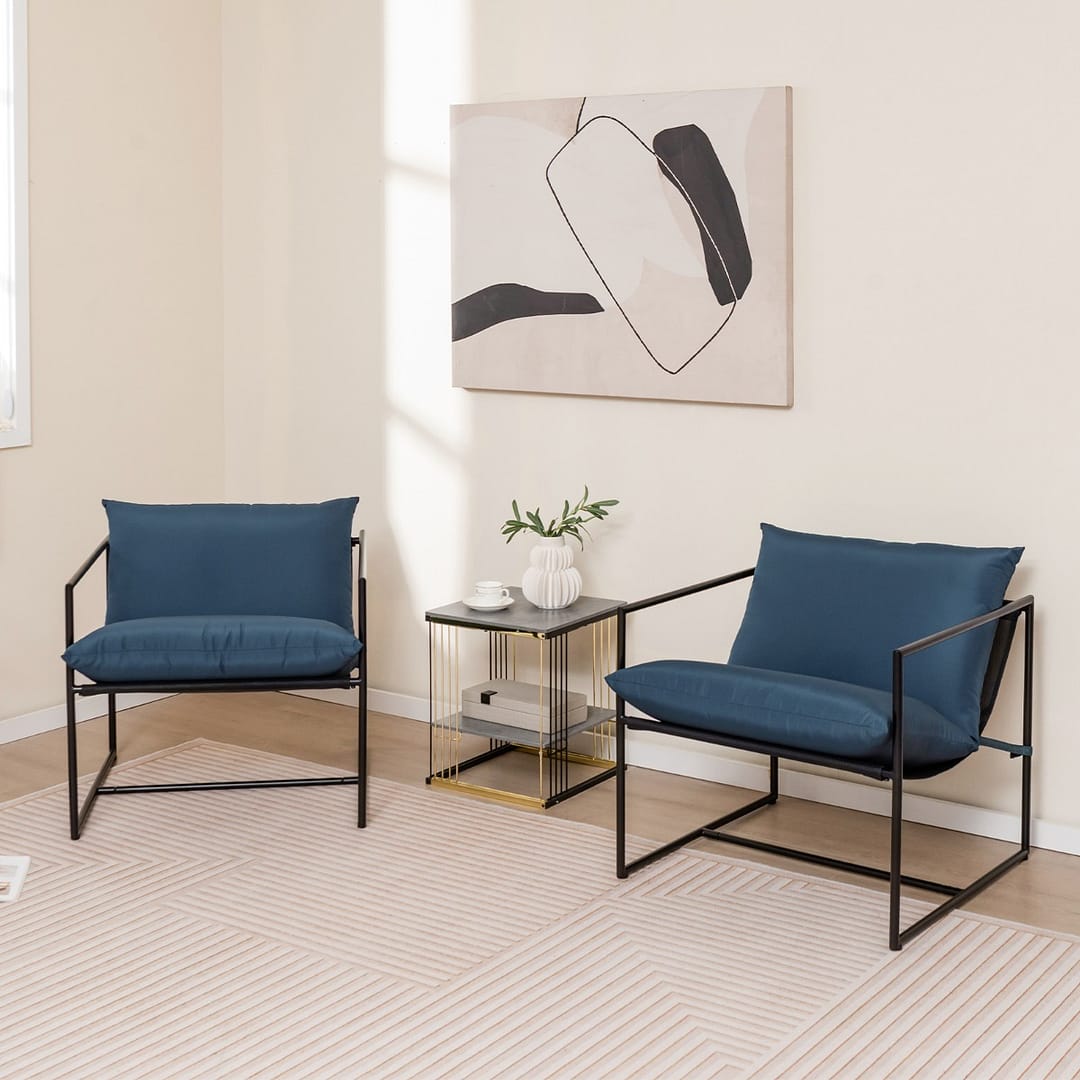 Costway Set di 2 sedie a sdraio sling con cuscini per sedile schienale telaio metallico, Poltrone da interno moderne Blu scuro