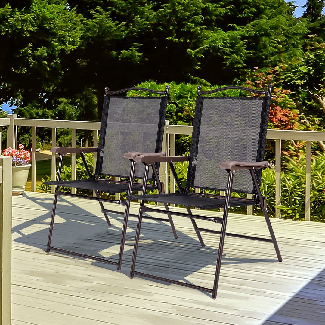 Costway Set di 2 sedie pieghevoli da patio con braccioli, Sedie da pranzo portatili per cortile terrazza piscina Nero