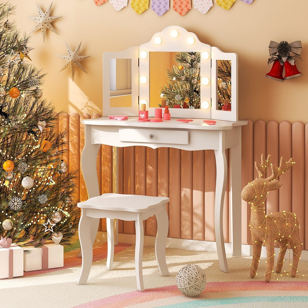 Costway Set tavolo da trucco per bambini con sgabello, Set tavolo vanity principessa con specchio a tre pieghe in vetro Bianco