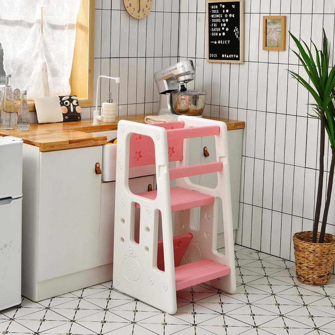 Costway Sgabello scaletta con 3 altezze regolabili e cuscinetti antiscivolo, Torre di apprendimento per bambini Rosa