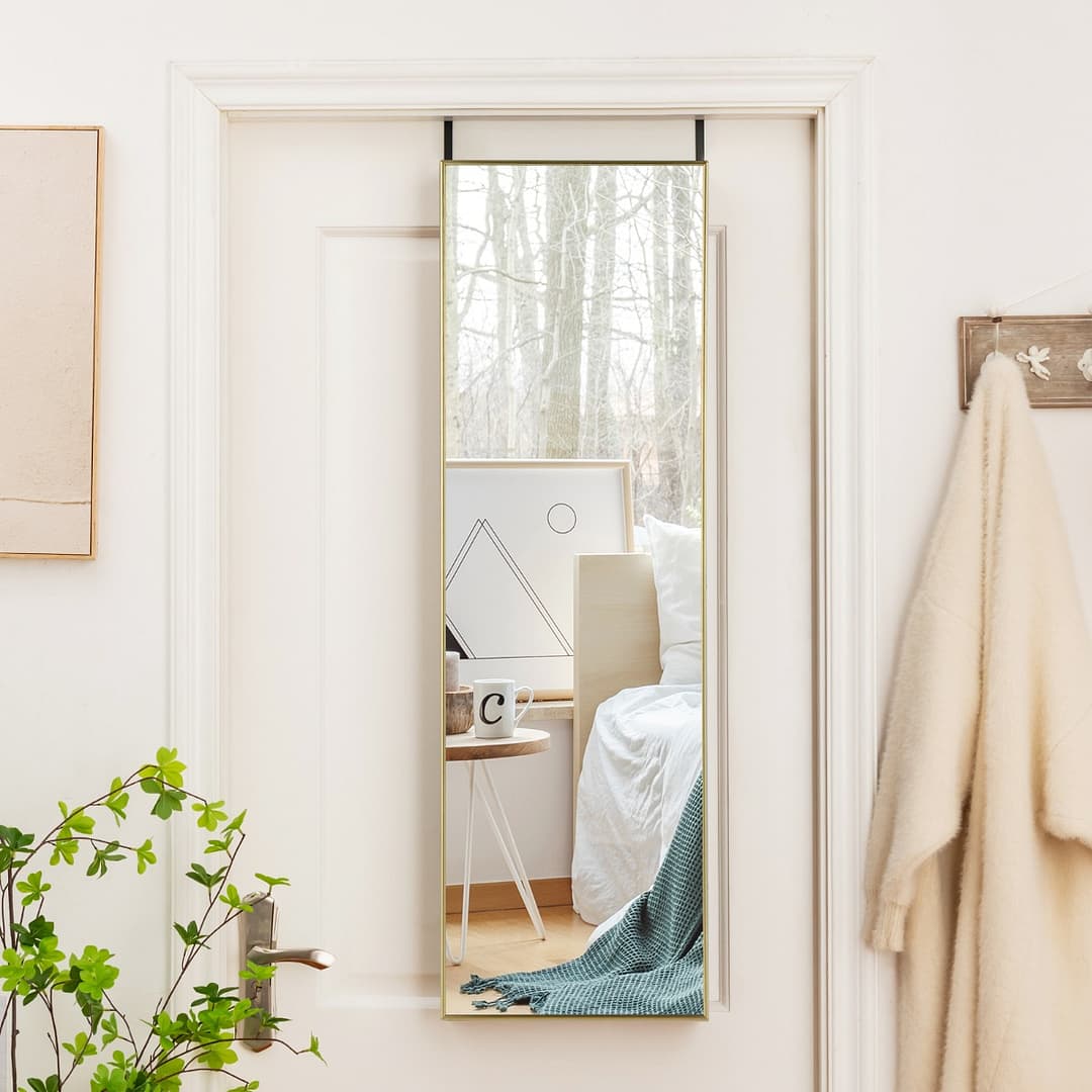 Costway Specchio sopra la porta con cornice in alluminio vetro antigraffio, Specchio da appendere o da parete Oro