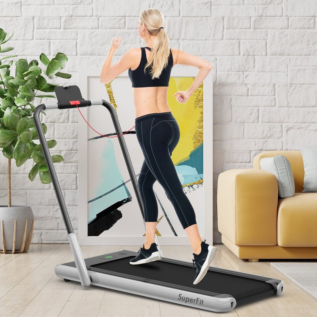 Costway Tapis roulant pieghevole 2 in 1 con APP telecomando, Tapis roulant da 2,25HP con altoparlante display LED Argento