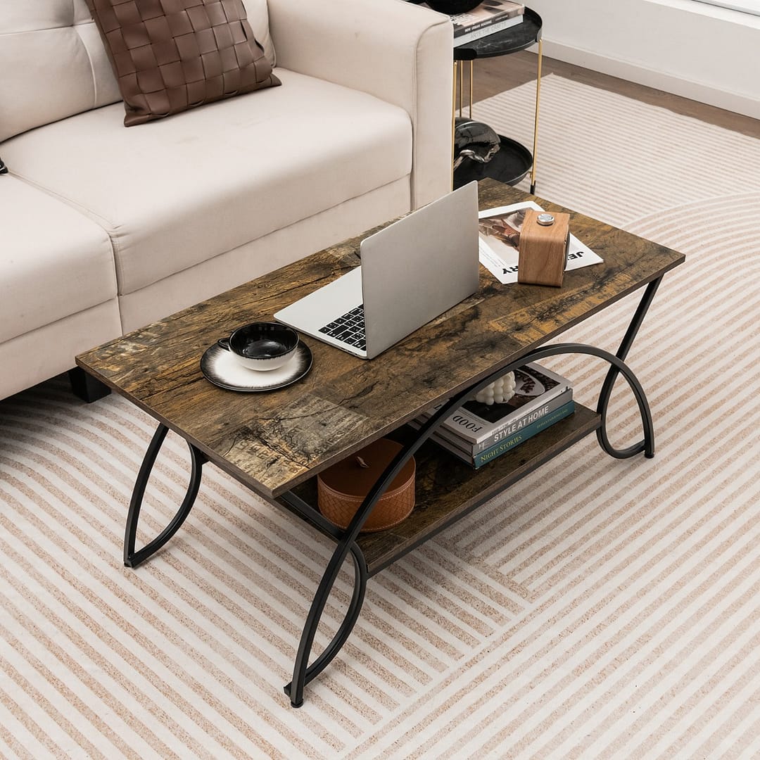 Costway Tavolino a 2 livelli da caffè moderno in finto marmo con struttura in metallo, Tavolino rettangolare Nero