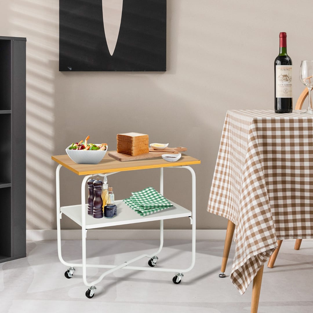 Costway Tavolino a 2 livelli con ruote e portaoggetti, Tavolino con ripiano portaoggetti rotelle bloccabili Naturale